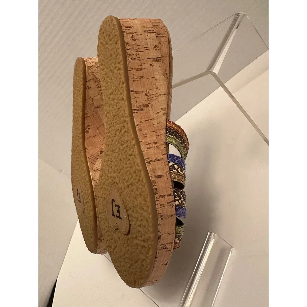 Eric Javits Multi Color Woven Cork Wedge Sandals Slides Brown Green Blue